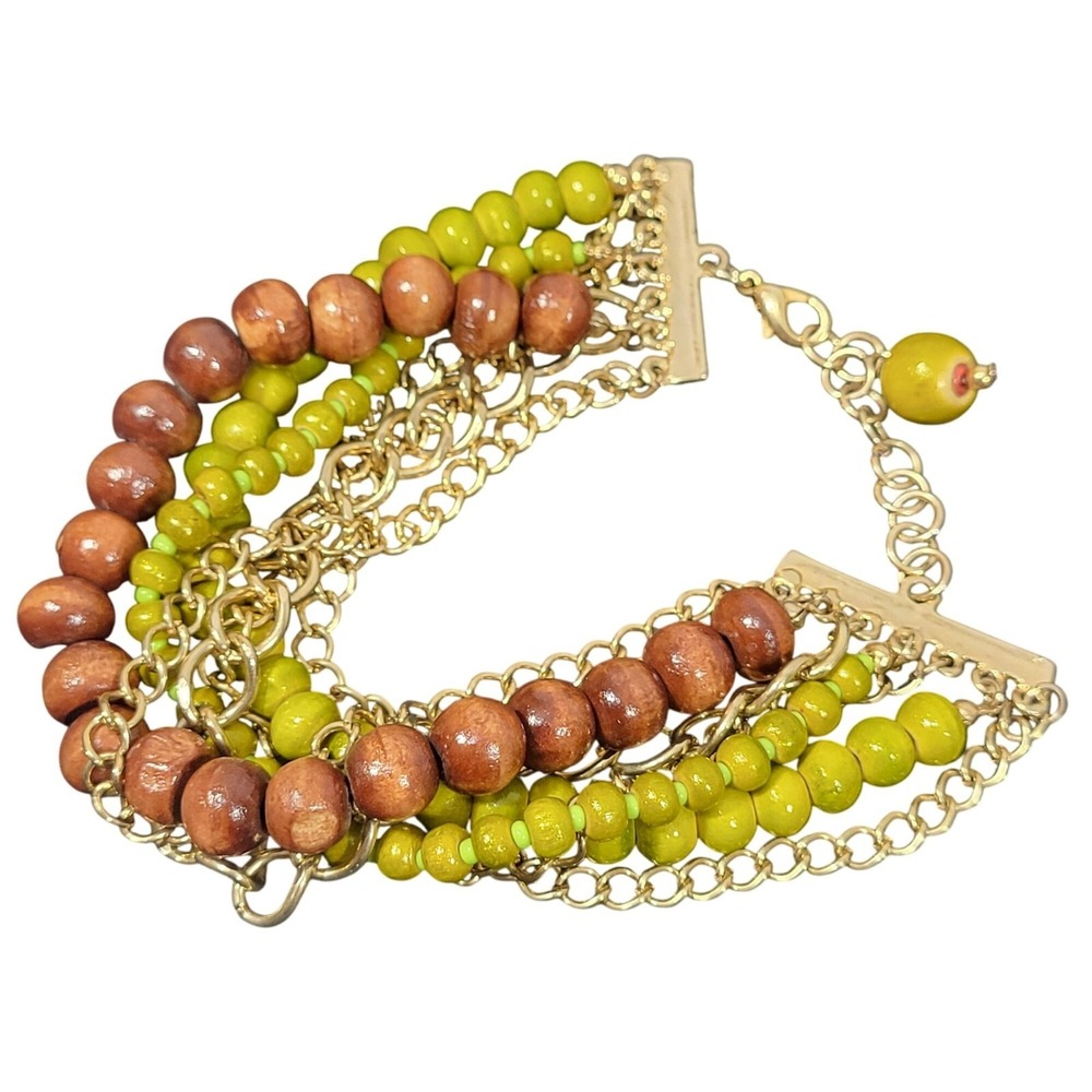 Beaded Multistrand‎ Bracelet With Olive & Brown Wooden Beads And Gold Chains